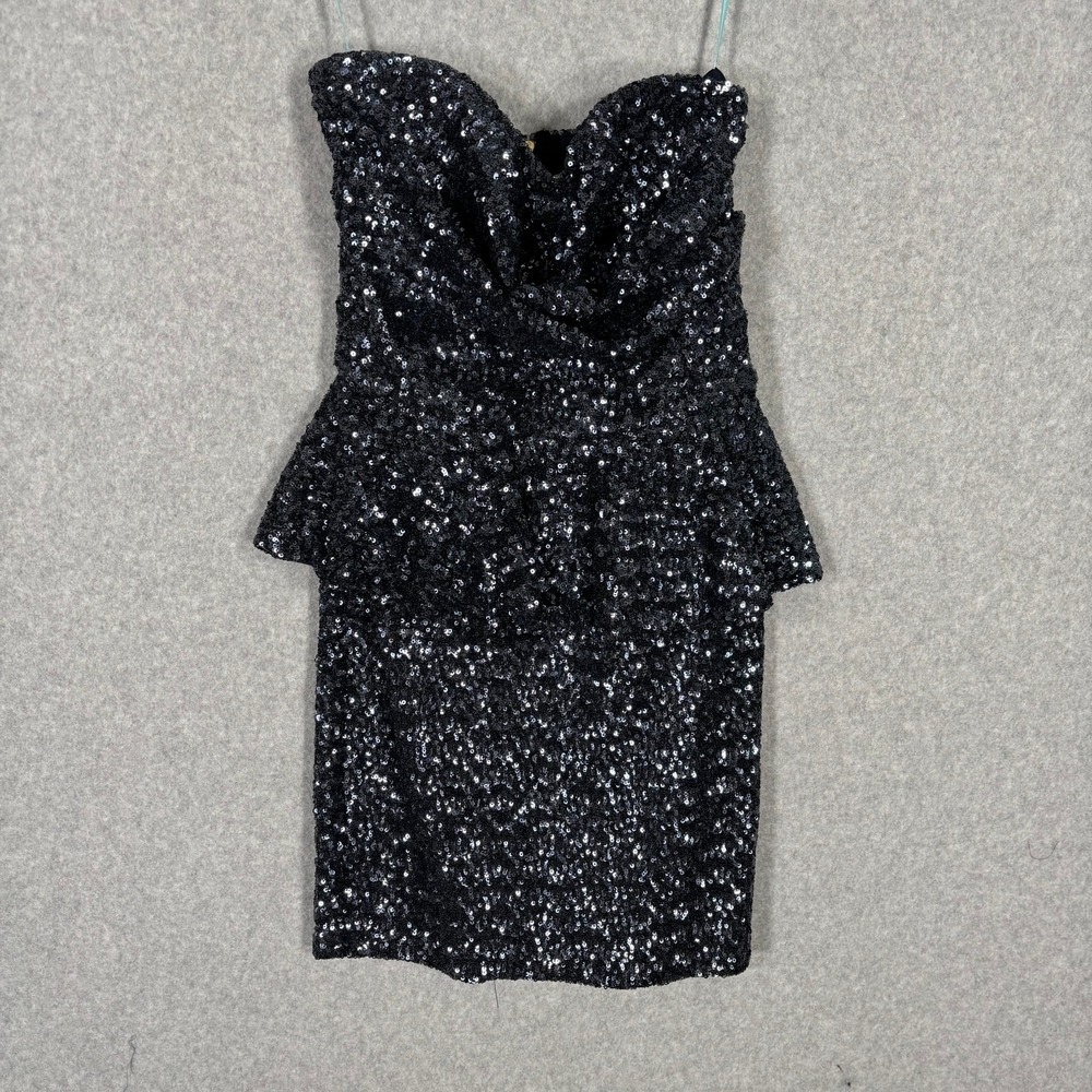La Cite Sequin Strapless Mini Dress Medium Navy Peplum Ruffle 90s Party Holiday